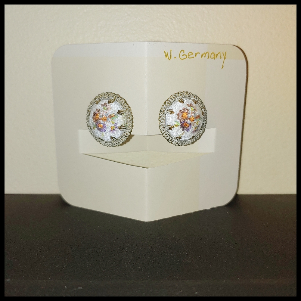 Vintage Round Sugar Stone Floral Earrings Marked West Germany